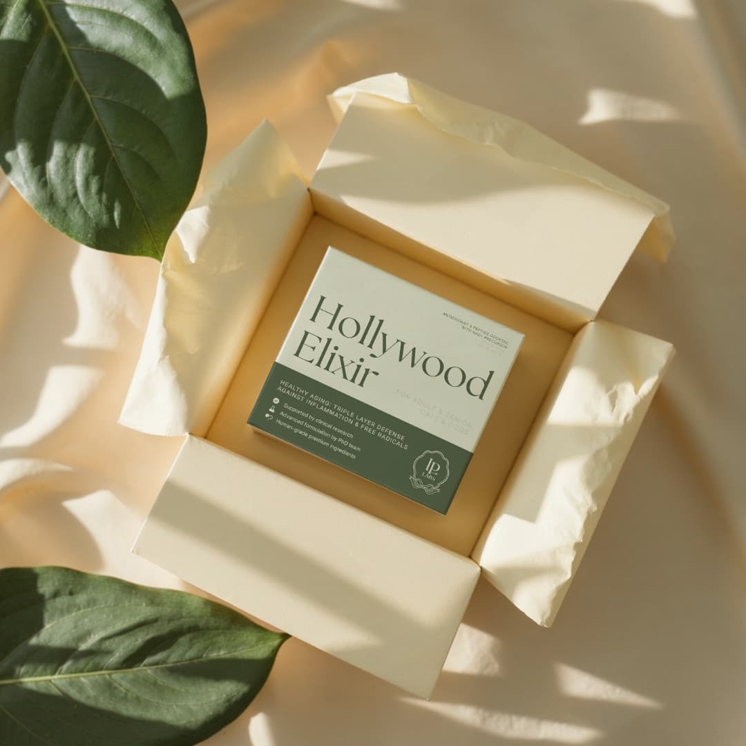 beautiful packaging shot sunlit hollywood elixir with leaves