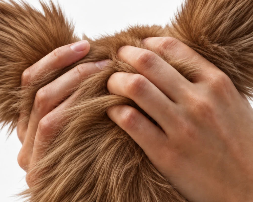 Hands gently parting a dog’s thick golden coat