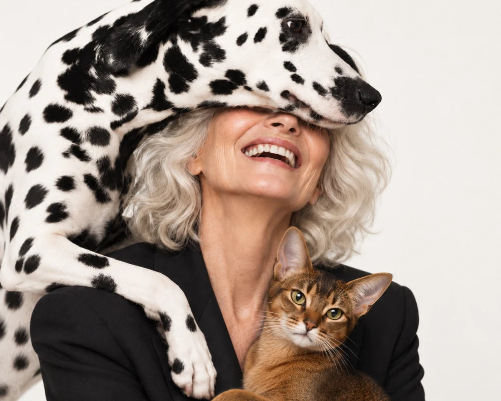 A smiling older woman with a Dalmatian and an Abyssinian cat