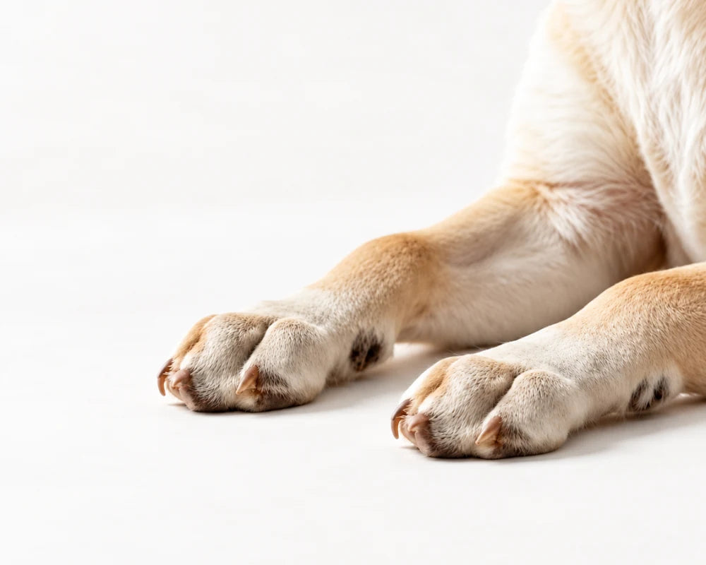 A dog’s front paws and nails resting on a white surface