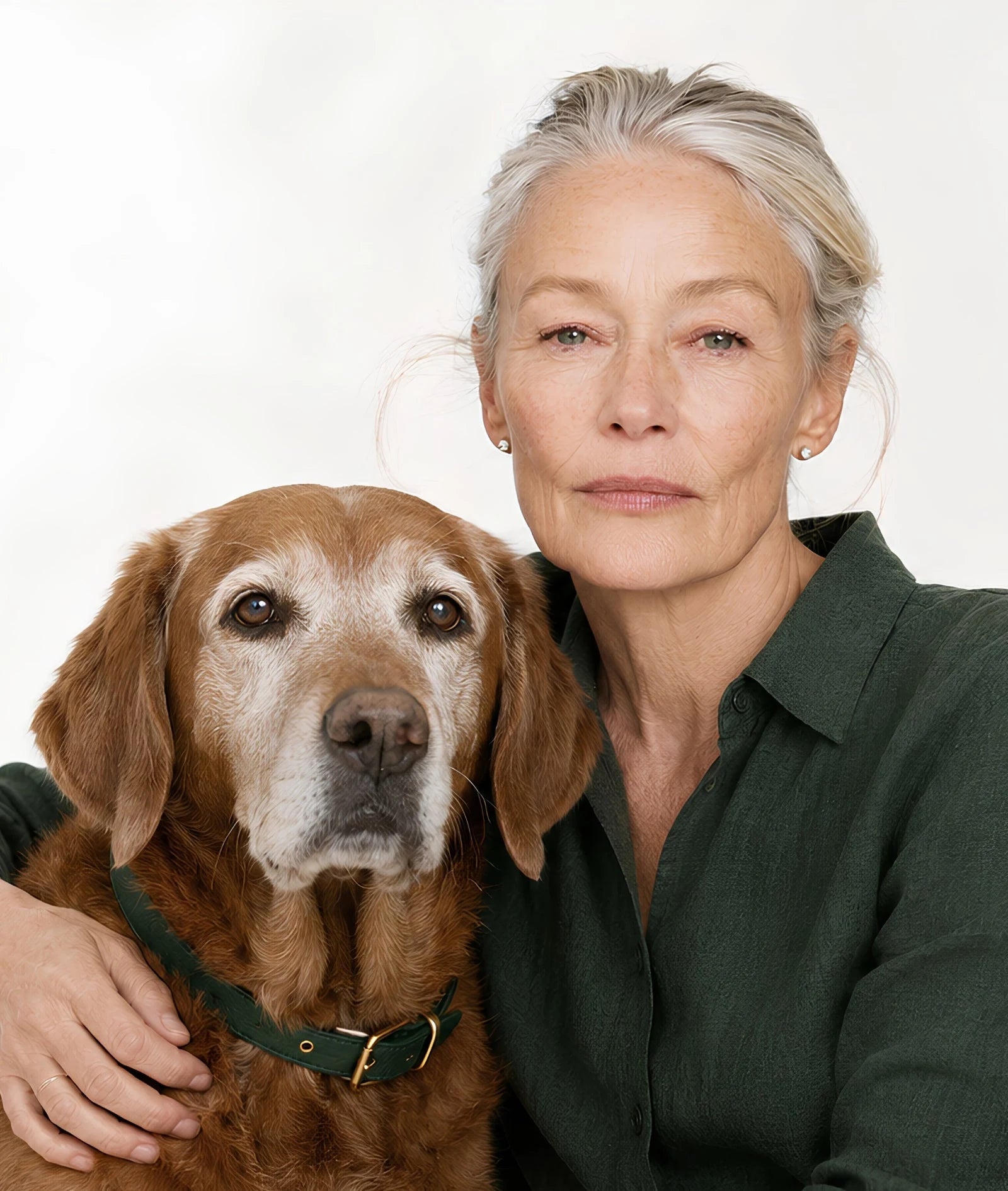 An older golden retriever beside its owner