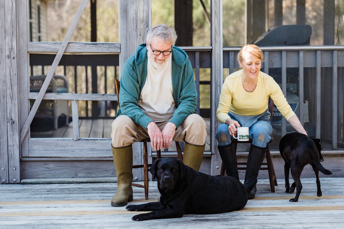 An elderly couple sits with their two dogs on a wooden porch, sharing a peaceful moment outdoors.
