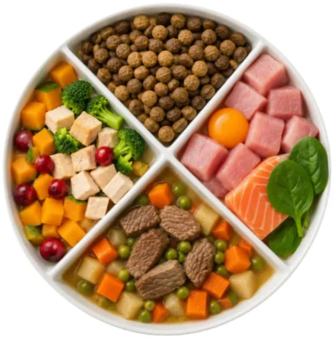 A divided bowl with kibble, vegetables, fresh meat and salmon