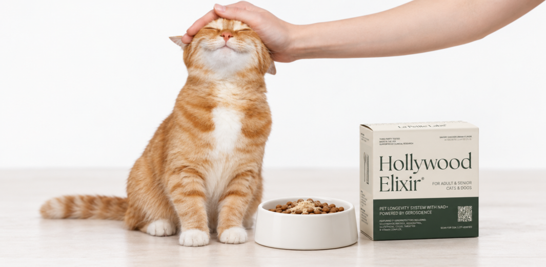 Hand gently petting an orange-and-white cat beside a food bowl and Hollywood Elixir box