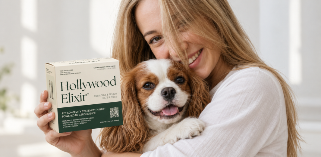 Woman cuddling a brown-and-white spaniel while holding a Hollywood Elixir box