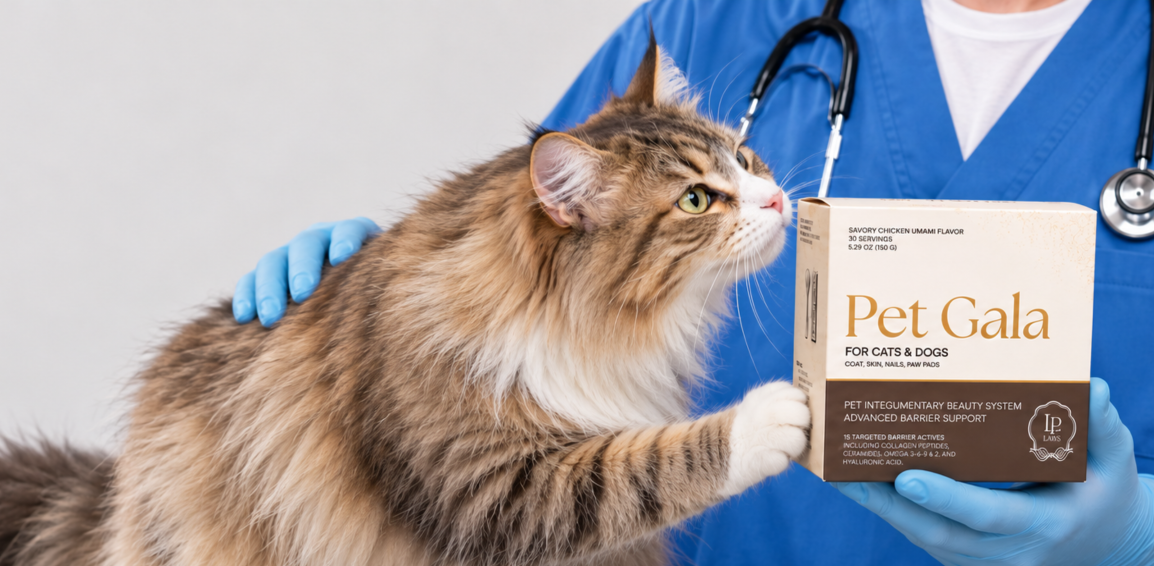 Long-haired tabby beside a Pet Gala box held by a person wearing blue scrubs and a stethoscope