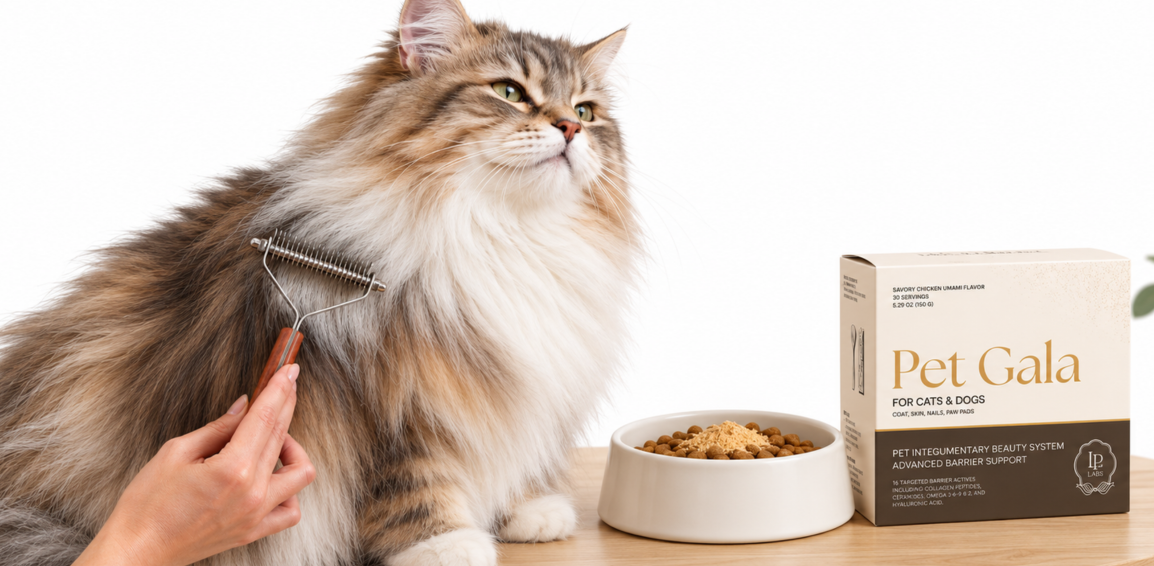 Long-haired tabby being combed beside a Pet Gala box and a food bowl