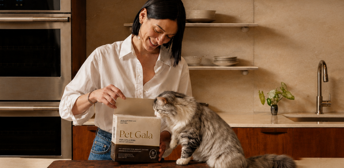 Woman petting a silver tabby on a kitchen counter beside an open Pet Gala box
