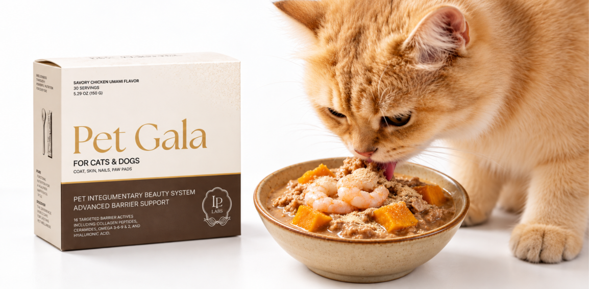 Orange-and-white cat eating from a bowl beside a Pet Gala box