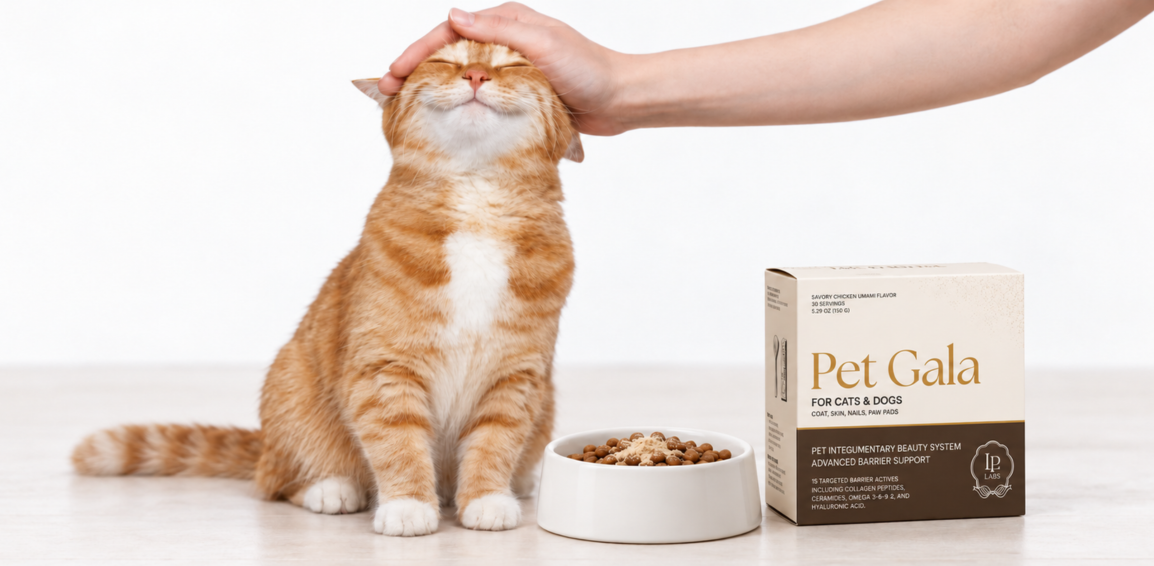 Hand gently petting an orange-and-white cat beside a Pet Gala box and a food bowl