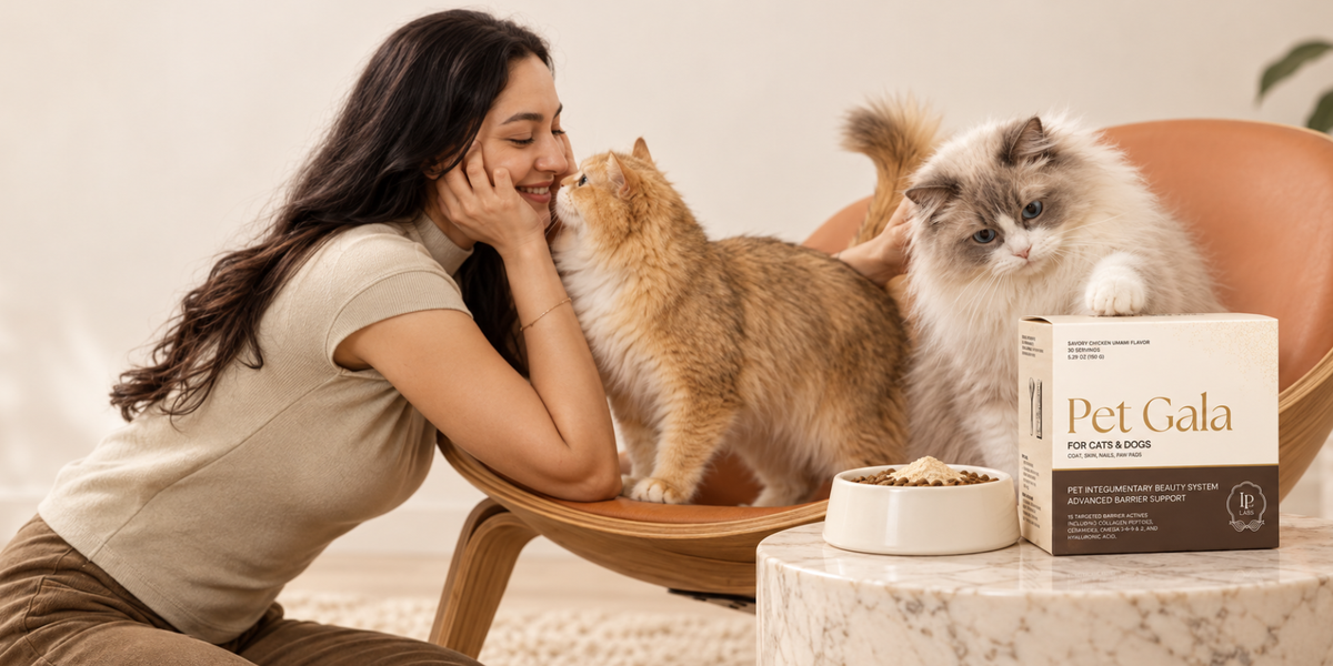 Woman nuzzling an orange cat beside a fluffy gray-and-white cat, a Pet Gala box and a food bowl
