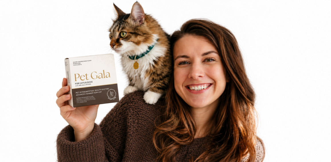 Woman smiling with a tabby cat on her shoulder while holding a Pet Gala box