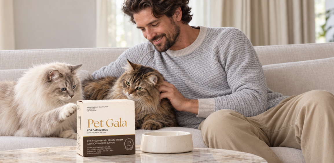 Man sitting with two long-haired cats on a sofa beside a Pet Gala box and a food bowl