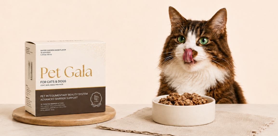 Brown-and-white tabby licking its nose beside a Pet Gala box and a food bowl