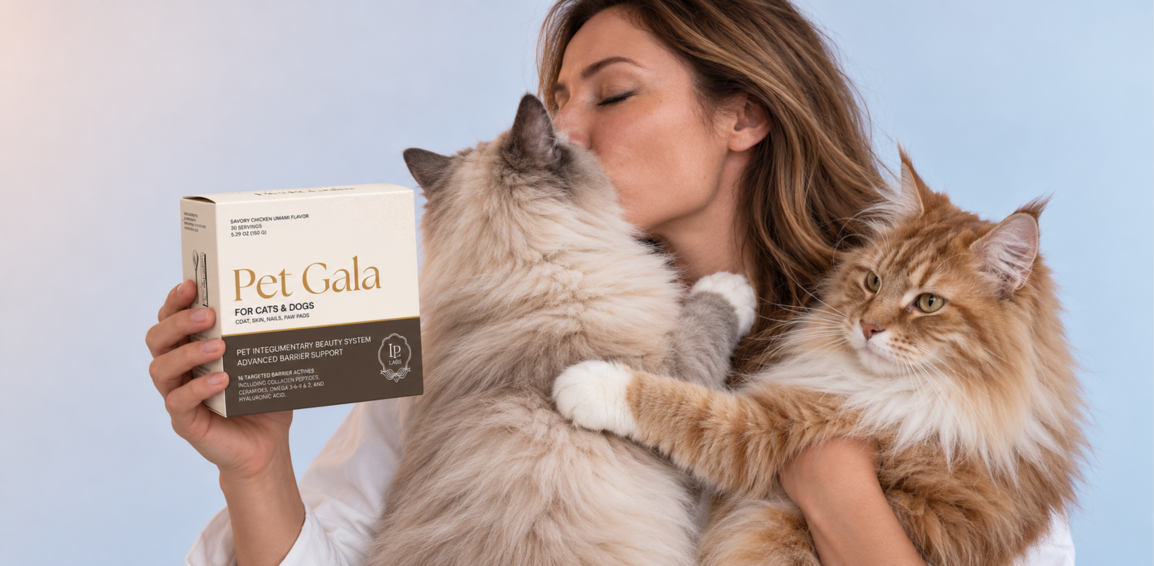 Woman kissing a fluffy gray cat while holding an orange tabby and a Pet Gala box