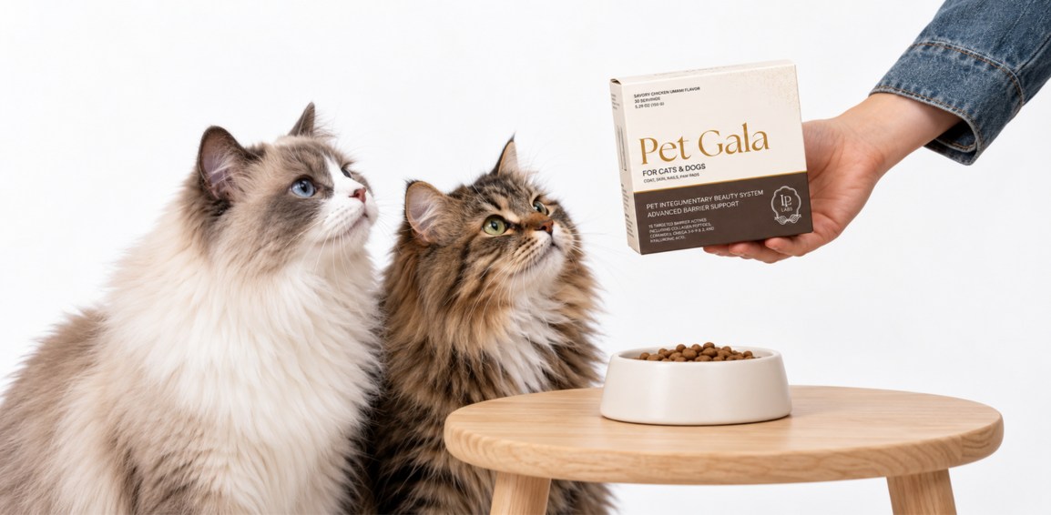 Two long-haired cats looking toward a Pet Gala box held above a food bowl