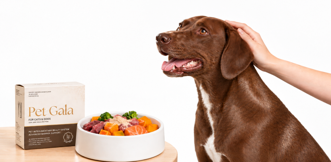 Hand petting a brown dog beside a Pet Gala box and a bowl of food