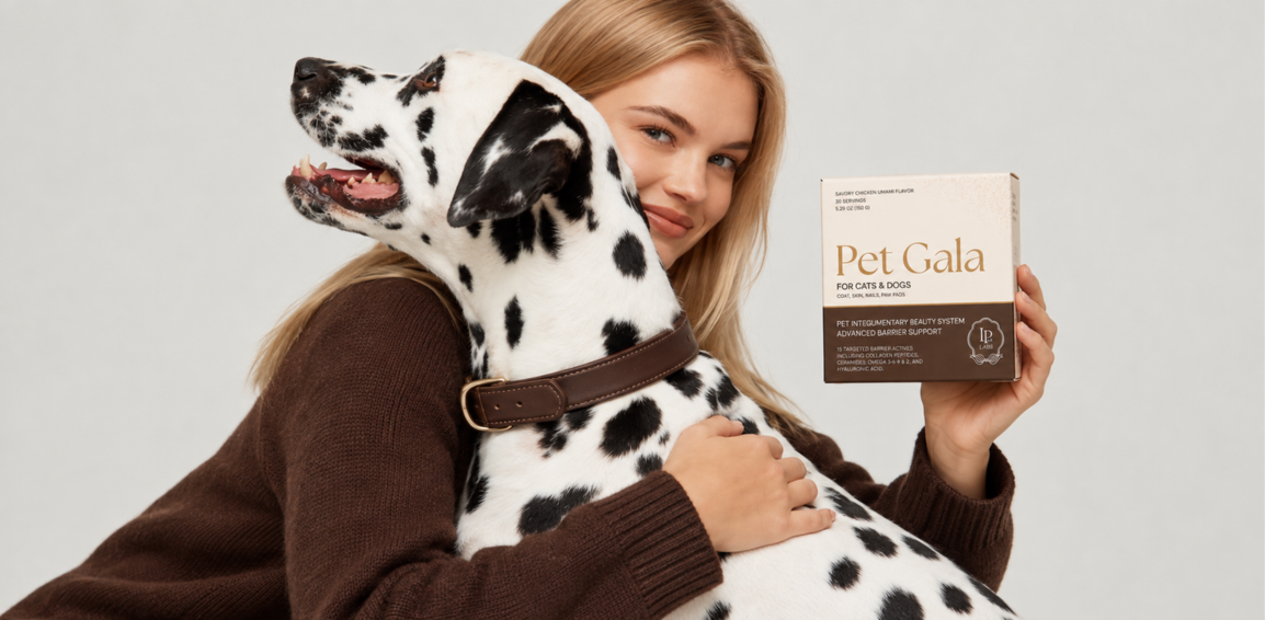 Woman cuddling a Dalmatian while holding a Pet Gala box