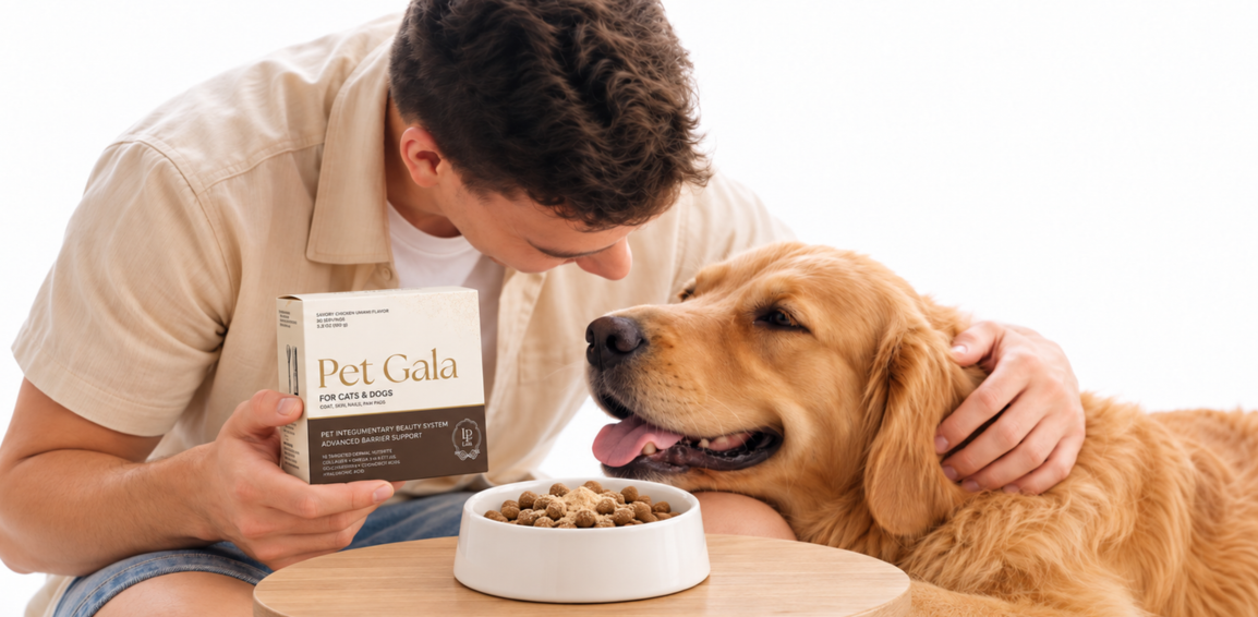 Man leaning toward a golden retriever while holding a Pet Gala box beside a food bowl