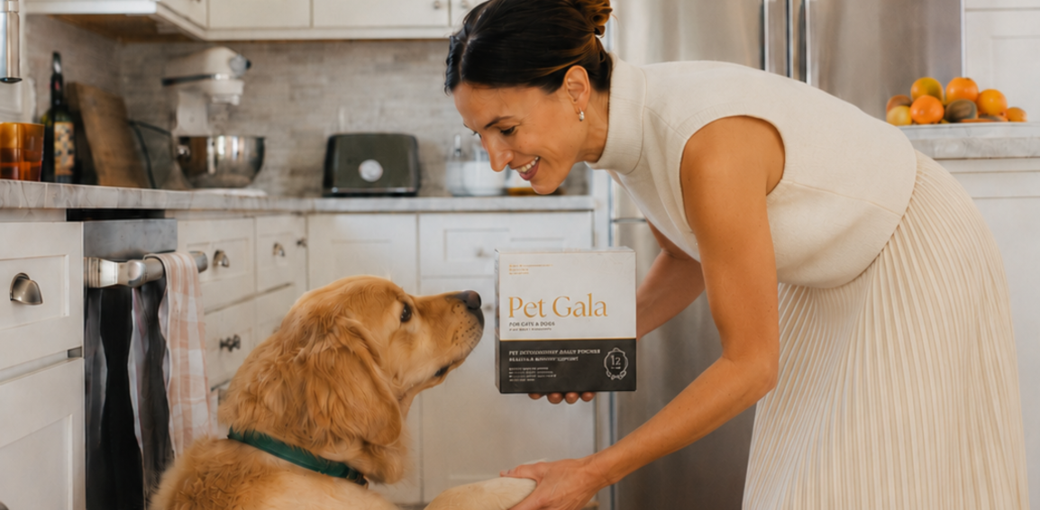 Woman leaning toward a golden retriever in a kitchen while holding a Pet Gala box