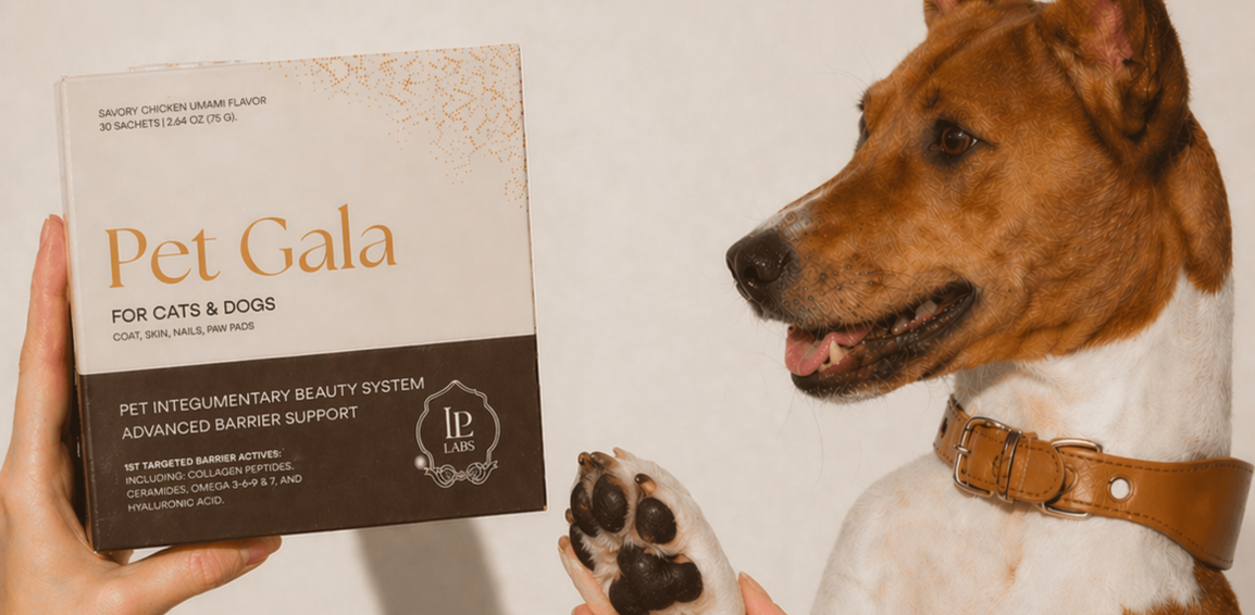 Brown-and-white dog raising a paw beside a Pet Gala box held in a person's hand