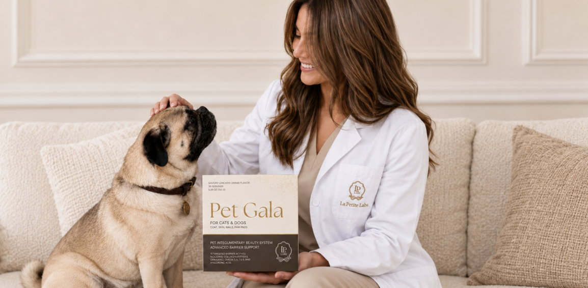 Woman in a white coat sitting with a pug while holding a Pet Gala box
