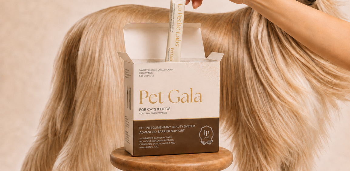 Hand lifting a sachet from an open Pet Gala box beside a dog's long golden coat