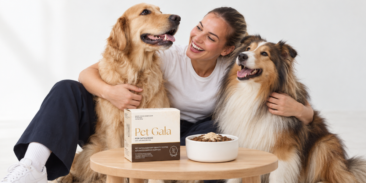 Woman cuddling a golden retriever and a collie beside a Pet Gala box and a food bowl