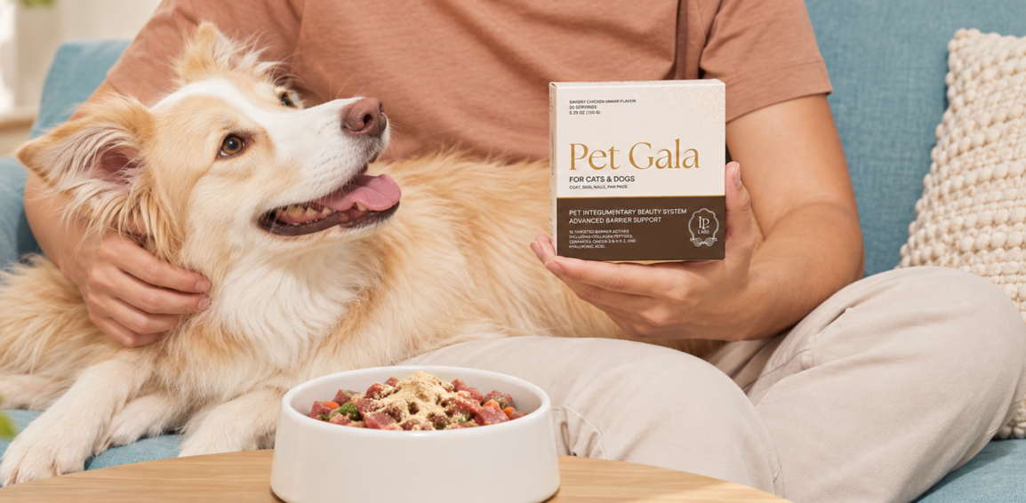 Cream-colored dog resting on a person's lap beside a Pet Gala box and a food bowl