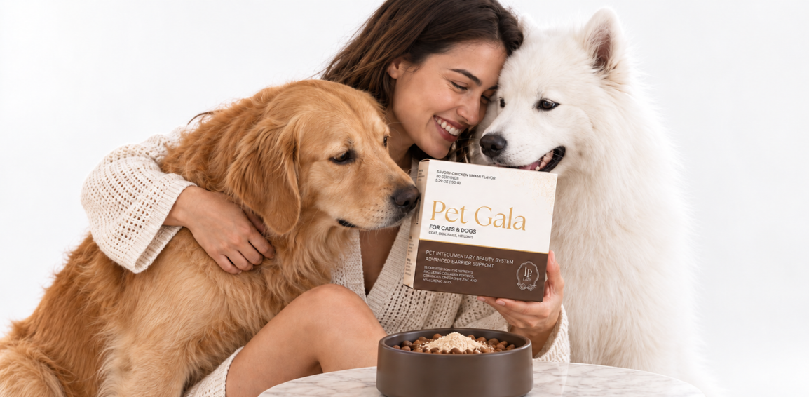 Woman cuddling a golden retriever and a fluffy white dog while holding a Pet Gala box beside a food bowl