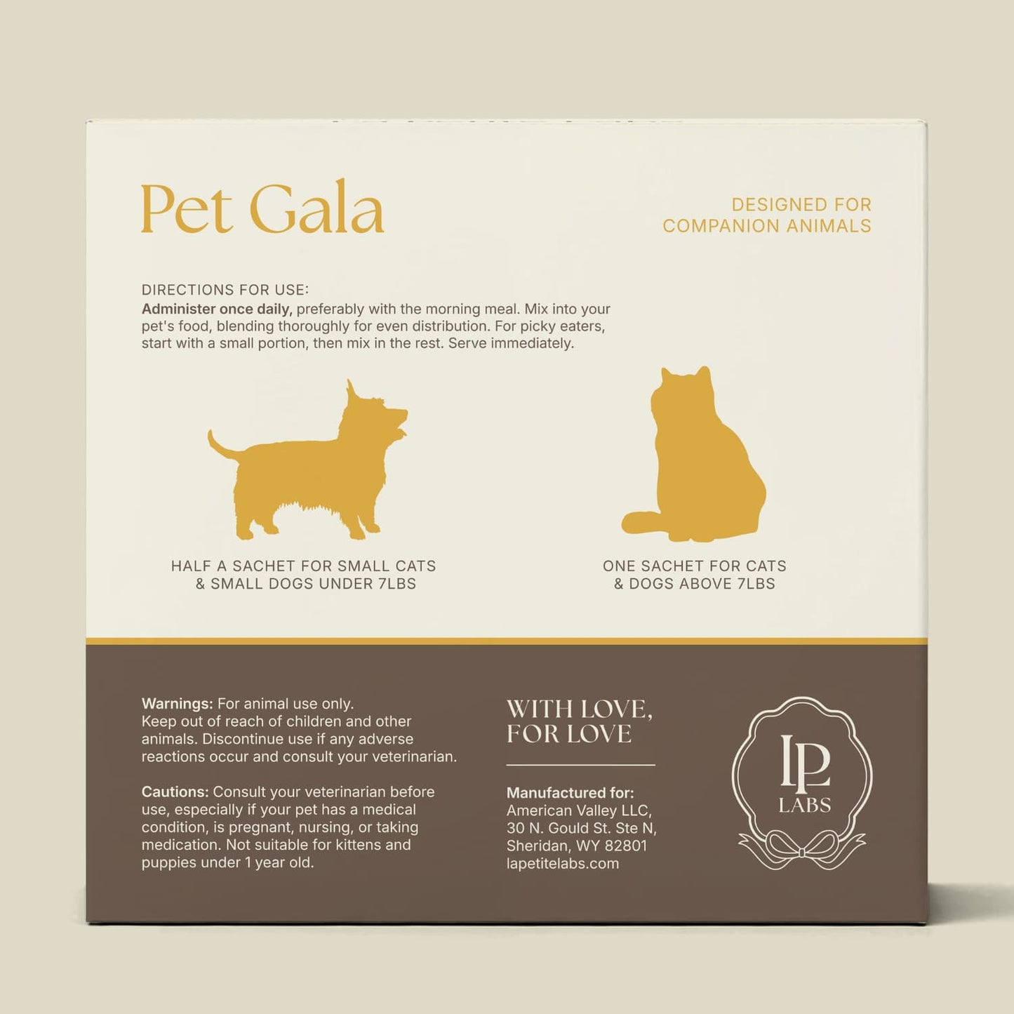 the back of the exterior packaging for pet gala 1 box