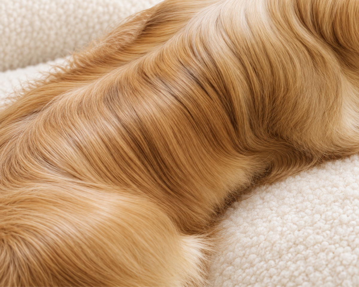 Close-up of a golden dog’s soft, wavy coat