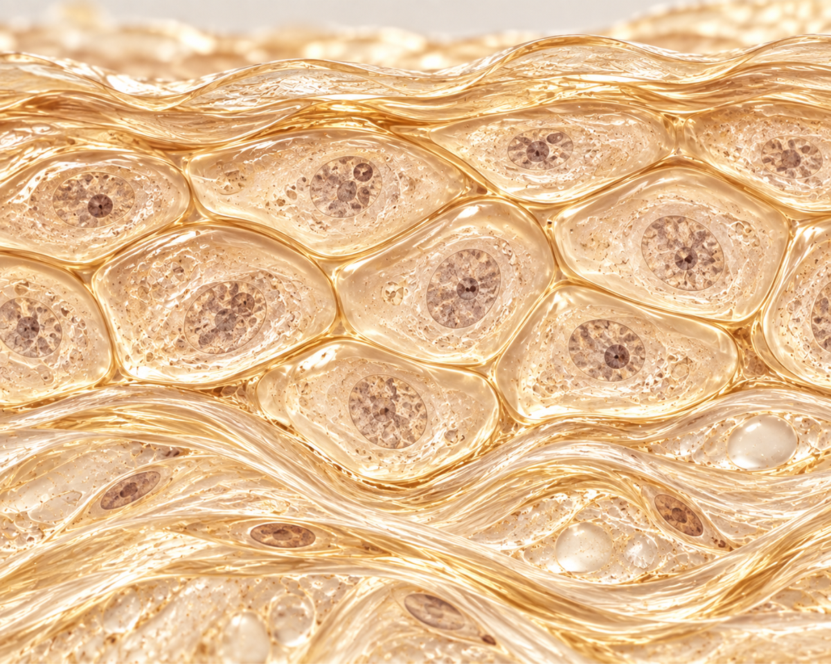 Illustration of skin cells and the skin barrier in warm golden tones