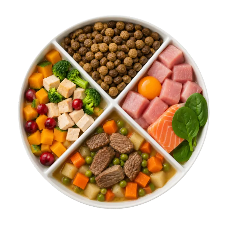Pet feeding bowl showing kibble, fresh food, raw food, and home-cooked food compatibility