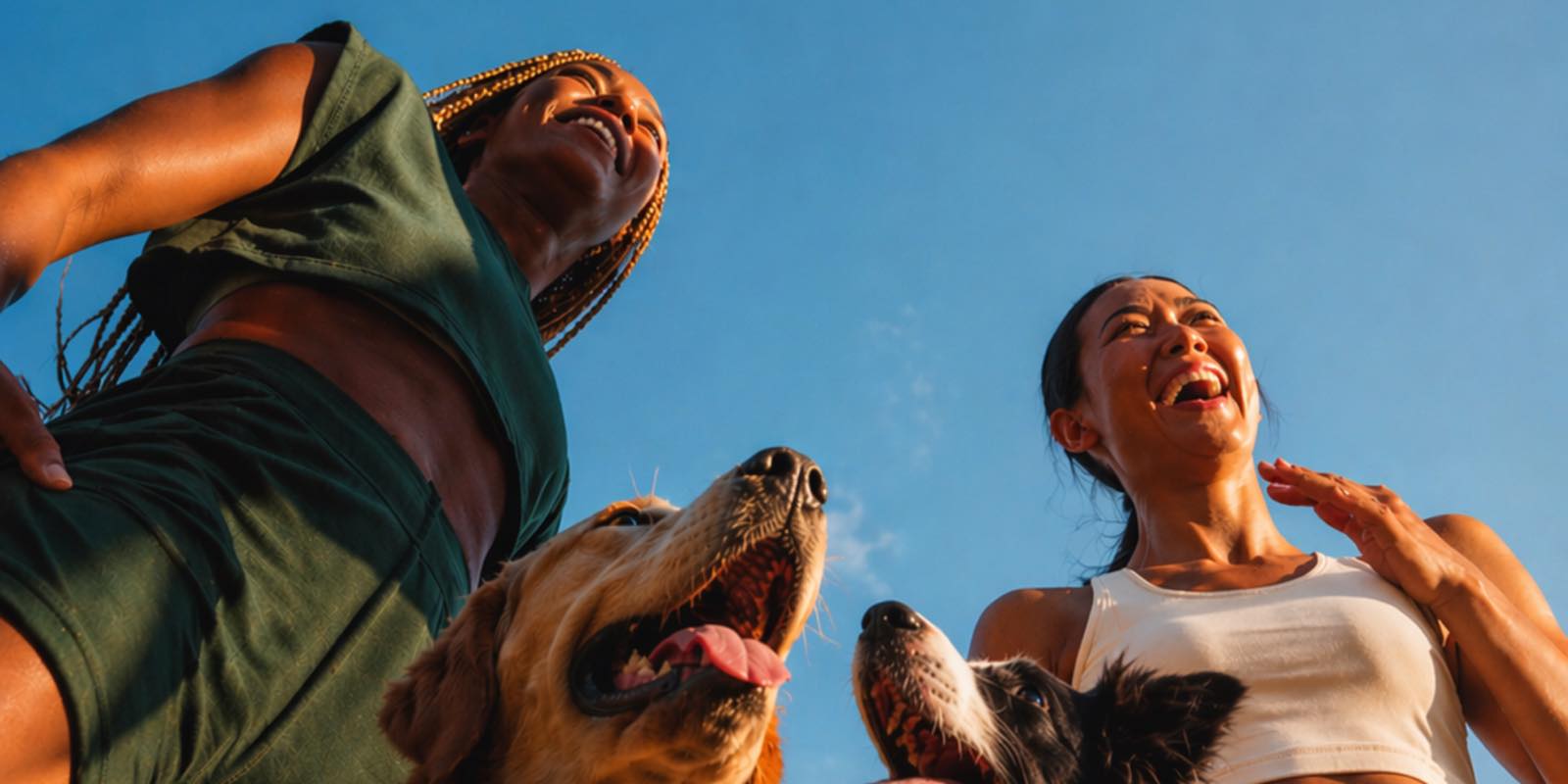Two people with dogs enjoying the outdoors.