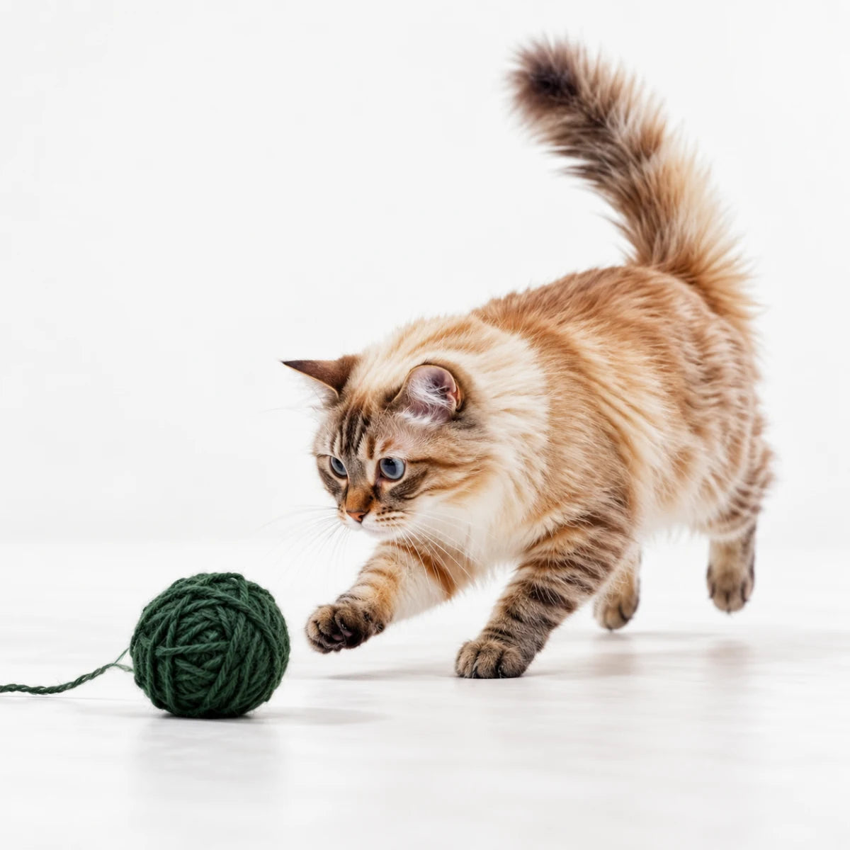 A fluffy cat playing with a green ball of yarn