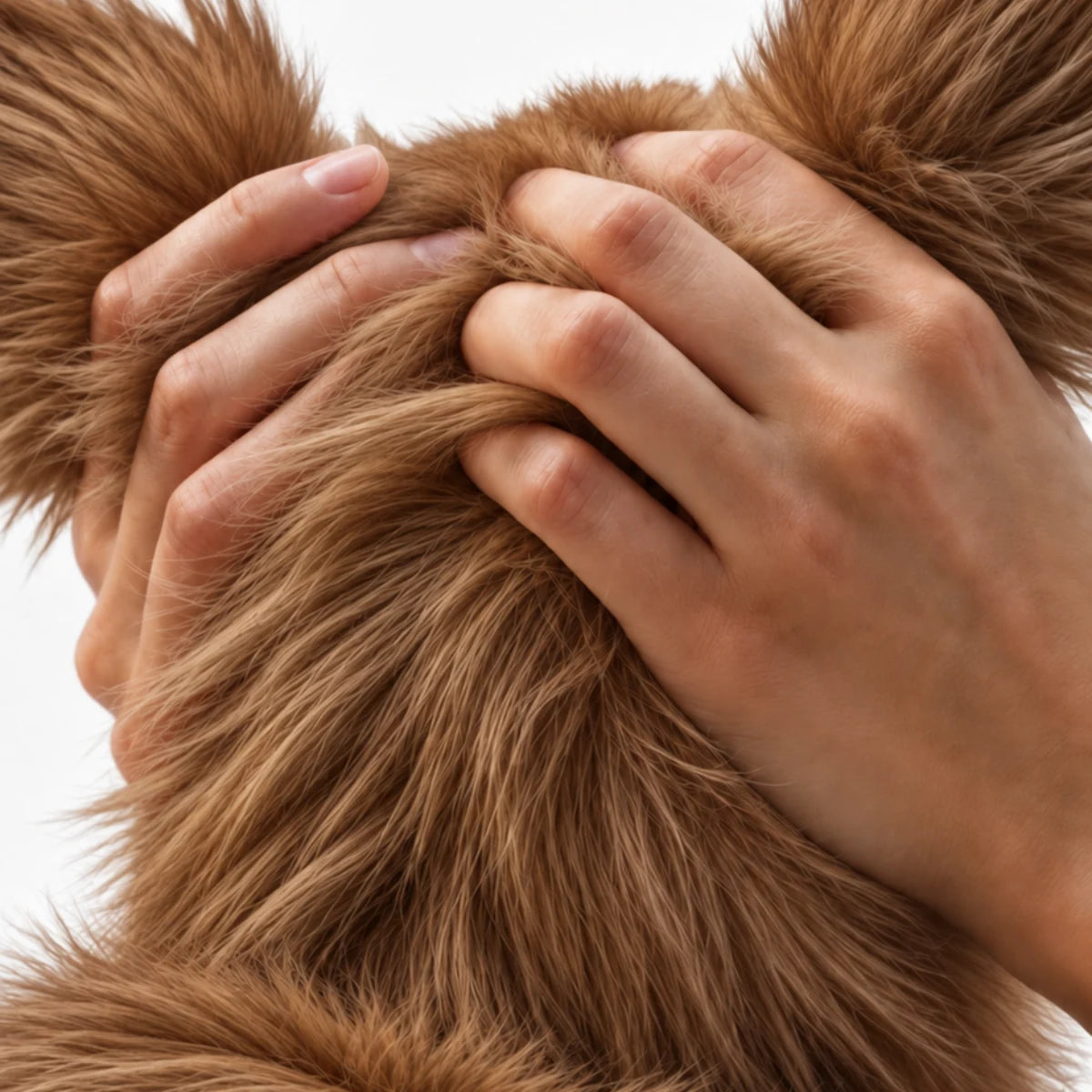 Hands gently parting a dog’s thick golden coat