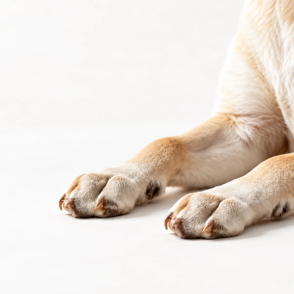 A dog’s front paws and nails resting on a white surface