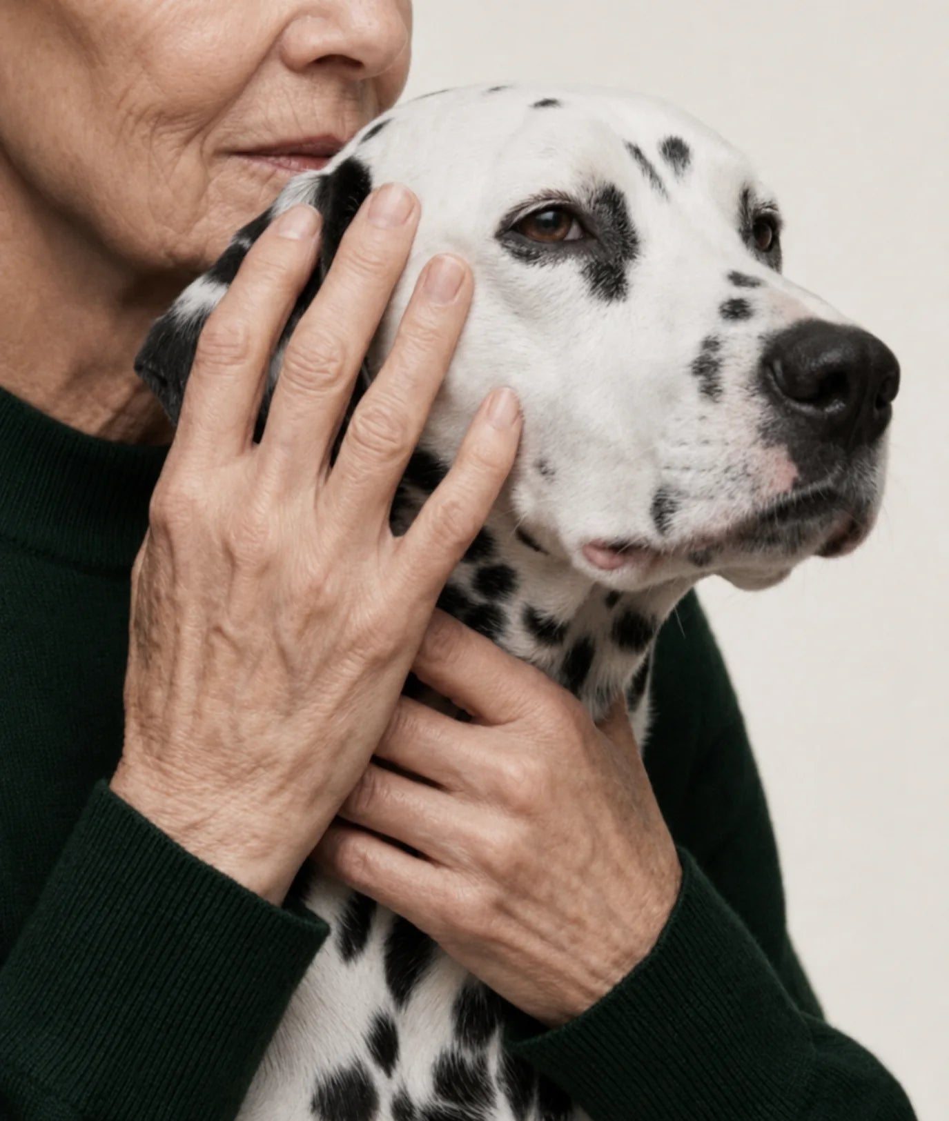 An older woman cradling her Dalmatian’s head against her cheek