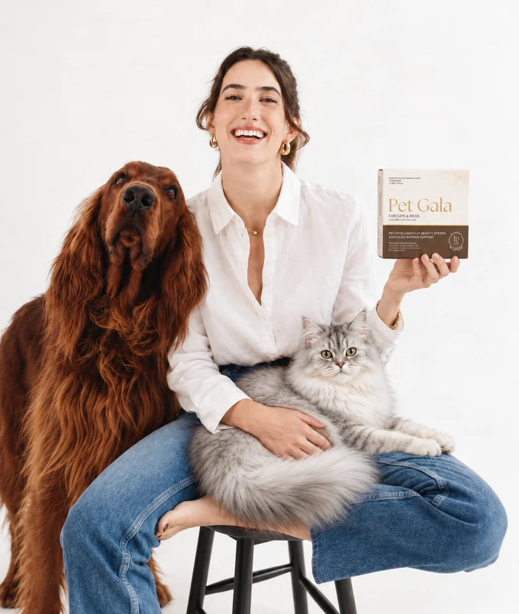 A smiling woman on a stool holds up a box of Pet Gala, a silver long-haired cat on her lap and an Irish setter at her side