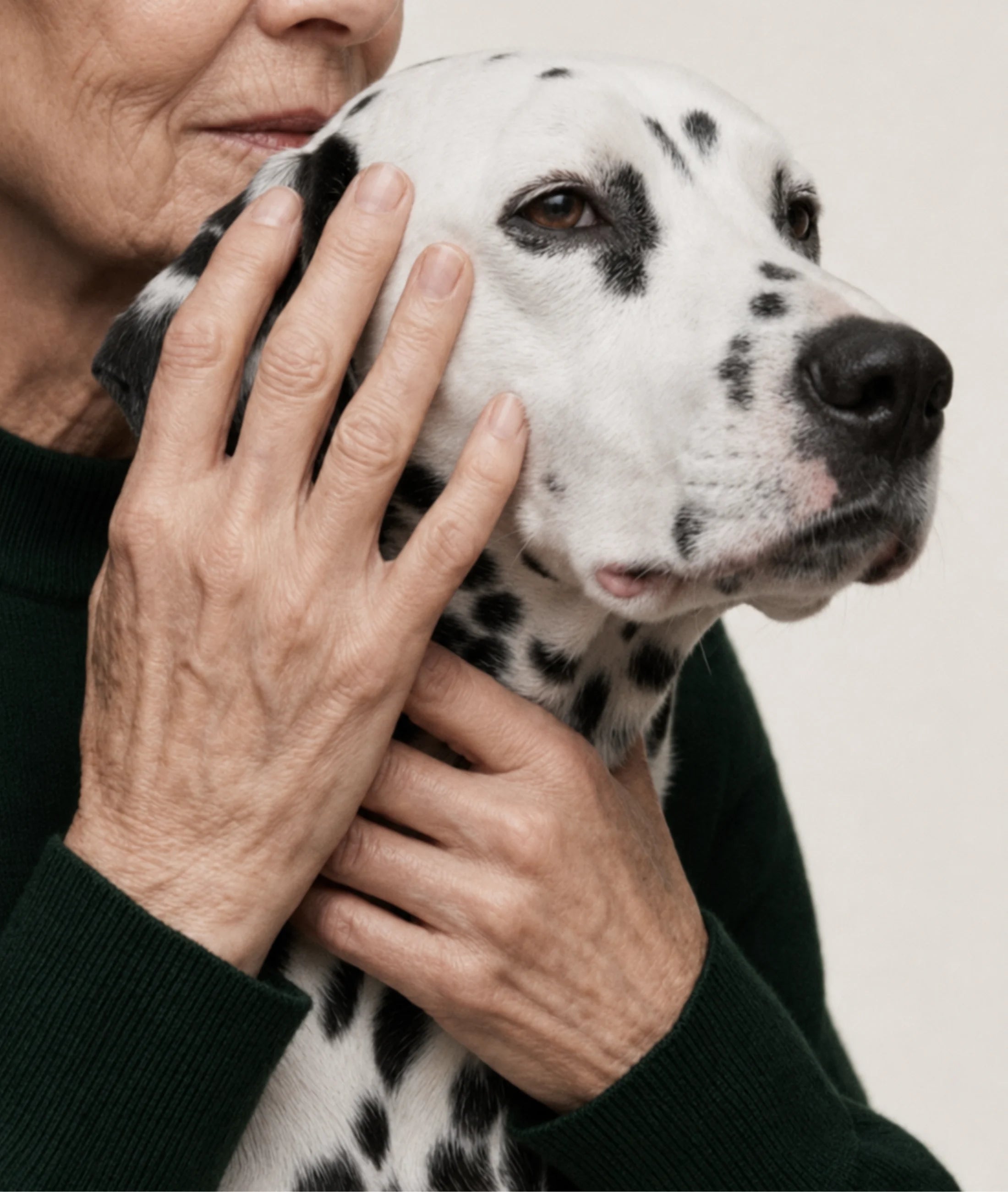 An older woman holding a Dalmatian close