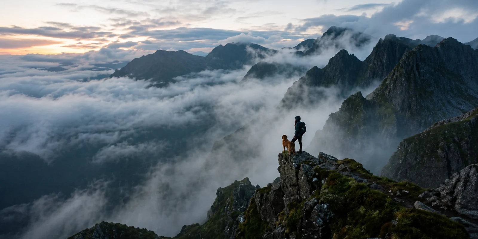 A hiker and dog overlooking mist-covered mountains